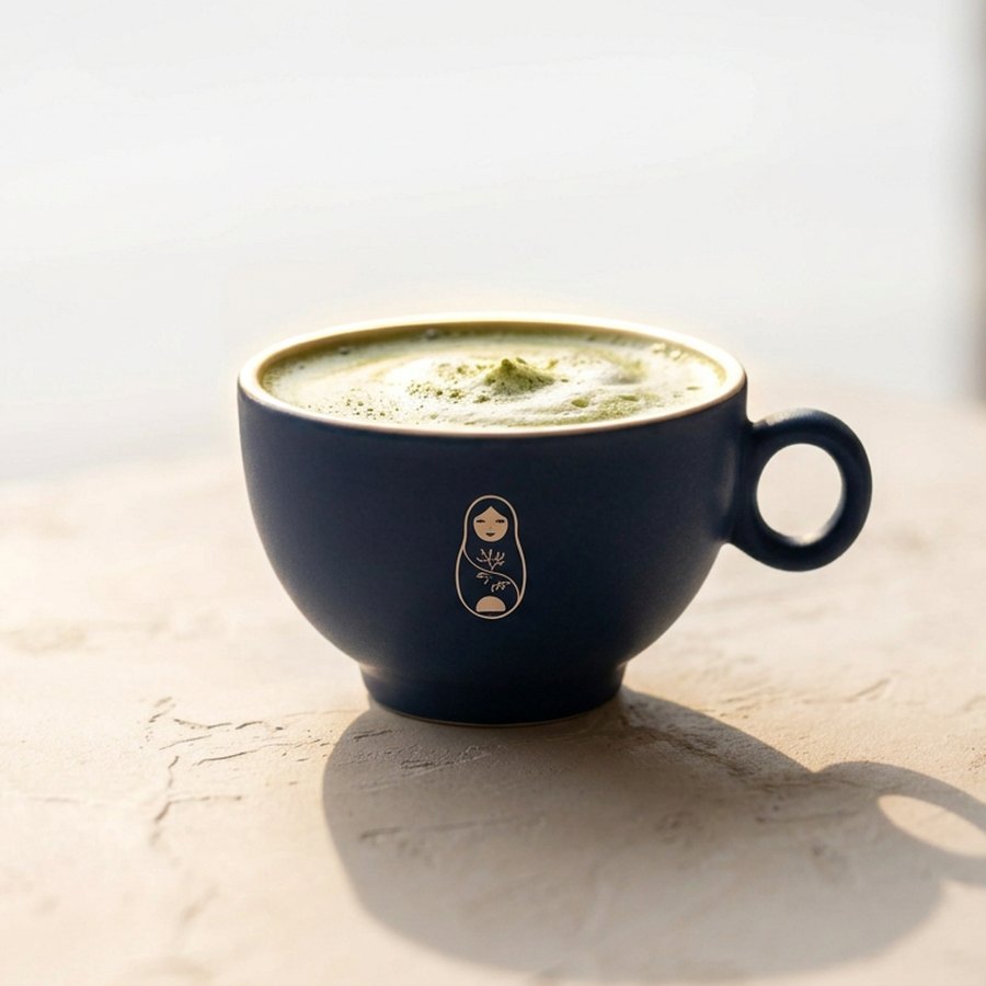 Ceremonial grade matcha latte whisked to order in a navy ceramic mug at Krasivo Beauty Cafe Upper East Side